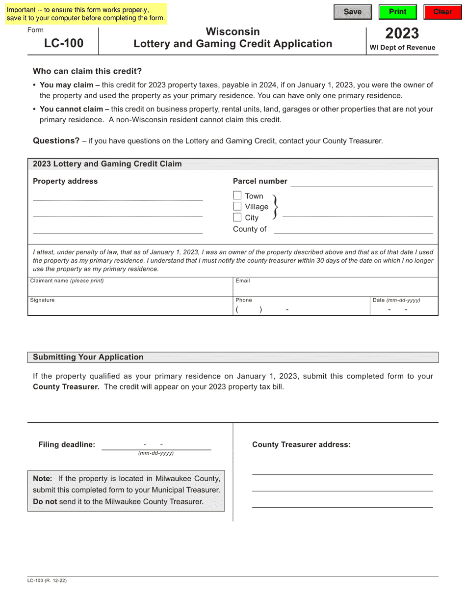 Form LC-100 Lottery and Gaming Credit Application - Wisconsin, Page 1