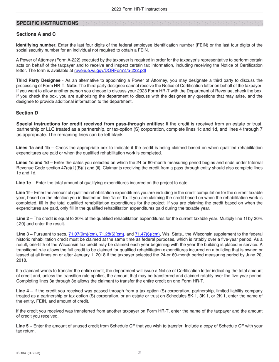 Instructions for Form HR-T, IC-134 Transfer of Supplement to Federal Historic Rehabilitation Credit - Wisconsin, Page 2
