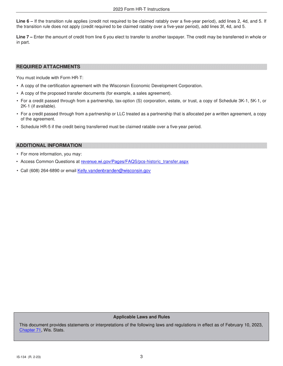 Instructions for Form HR-T, IC-134 Transfer of Supplement to Federal Historic Rehabilitation Credit - Wisconsin, Page 3