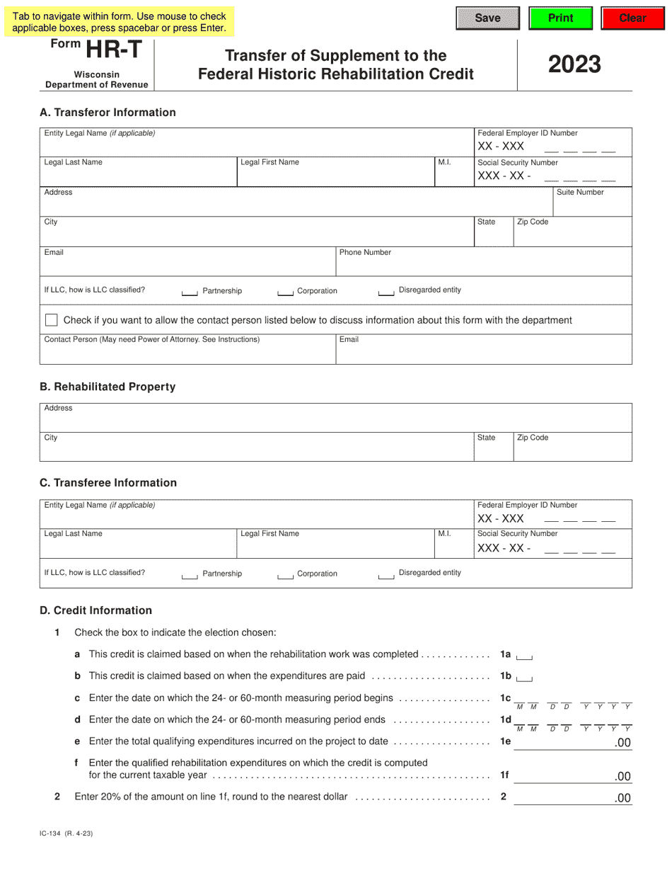 Form HR-T (IC-134) Transfer of Supplement to the Federal Historic Rehabilitation Credit - Wisconsin, Page 1