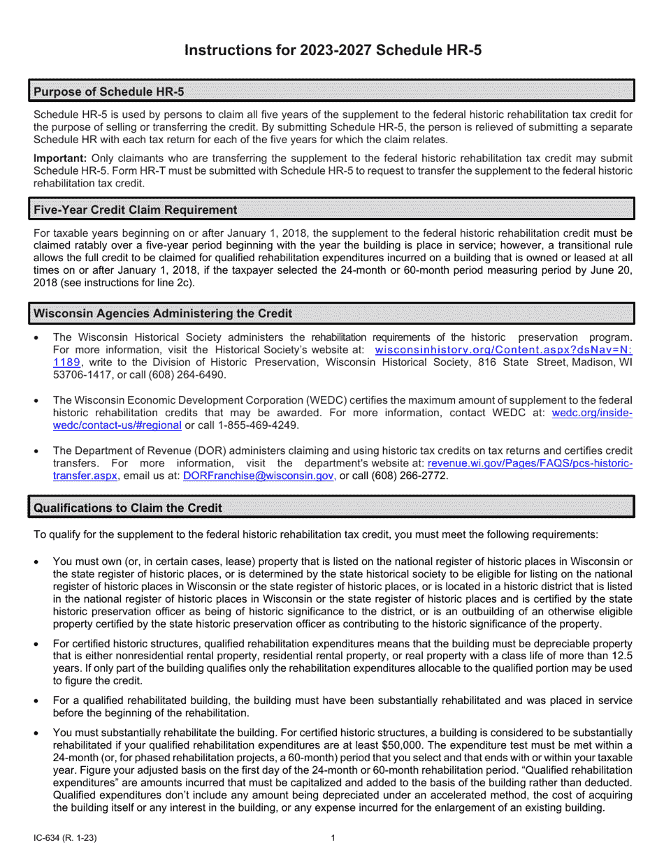 Instructions for Form IC-534 Schedule HR-5 Wisconsin Supplement to the Federal Historic Rehabilitation Tax Credit - Five-Year Credit Claim - Wisconsin, Page 1