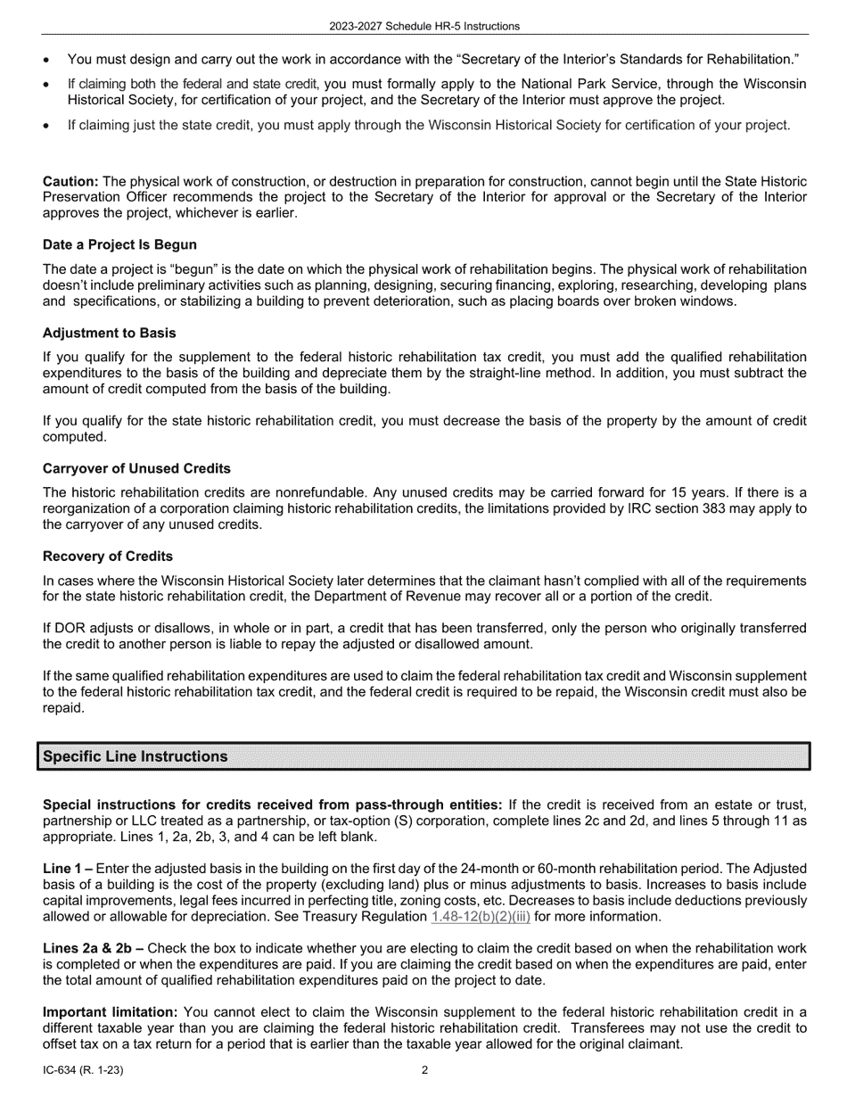 Instructions for Form IC-534 Schedule HR-5 Wisconsin Supplement to the Federal Historic Rehabilitation Tax Credit - Five-Year Credit Claim - Wisconsin, Page 2