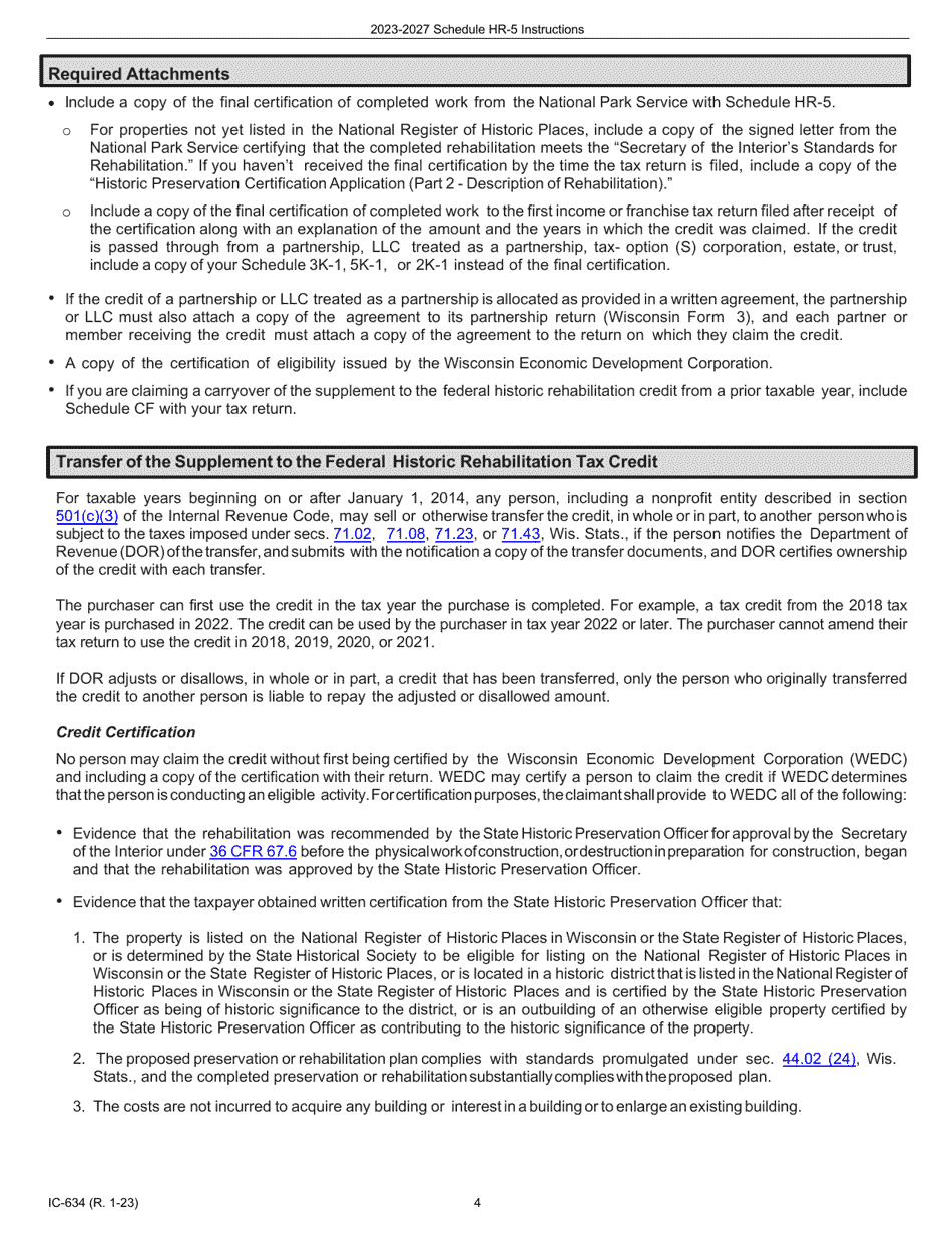 Instructions for Form IC-534 Schedule HR-5 Wisconsin Supplement to the Federal Historic Rehabilitation Tax Credit - Five-Year Credit Claim - Wisconsin, Page 4