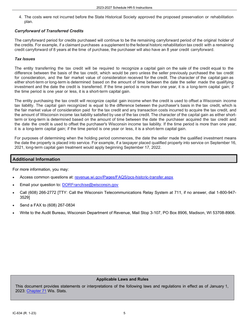 Instructions for Form IC-534 Schedule HR-5 Wisconsin Supplement to the Federal Historic Rehabilitation Tax Credit - Five-Year Credit Claim - Wisconsin, Page 5