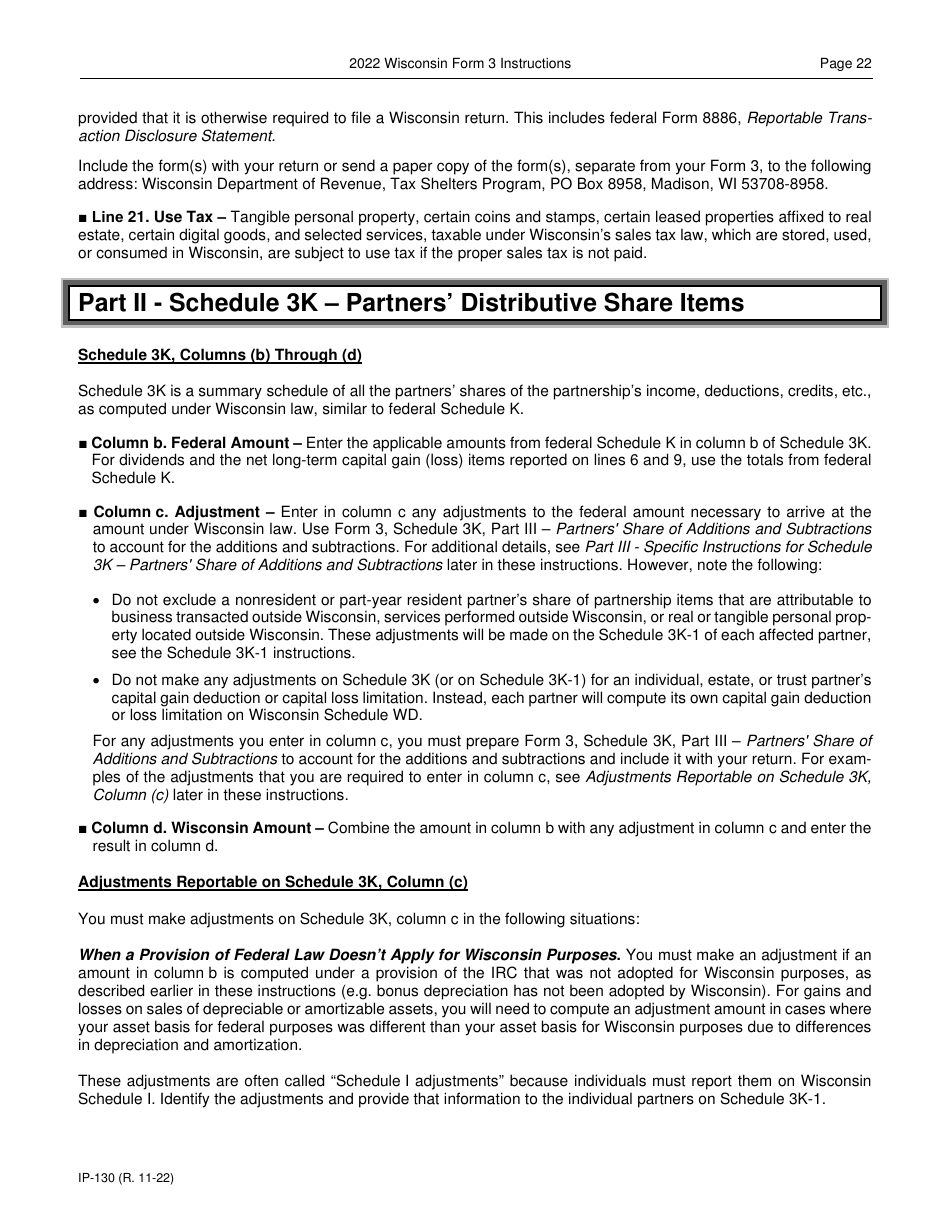 Instructions for Form 3, IP-030 Wisconsin Partnership Return - Wisconsin, Page 22