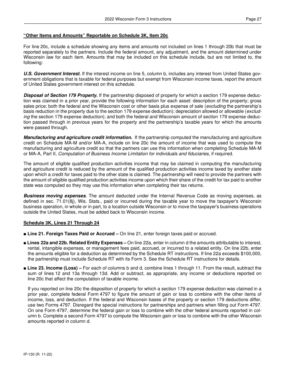 Instructions for Form 3, IP-030 Wisconsin Partnership Return - Wisconsin, Page 27