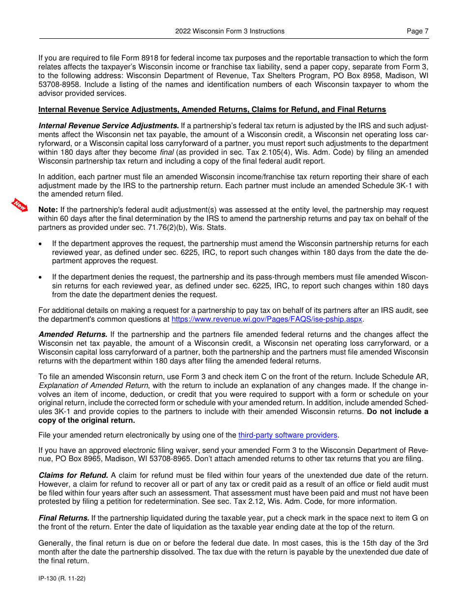 Instructions for Form 3, IP-030 Wisconsin Partnership Return - Wisconsin, Page 7