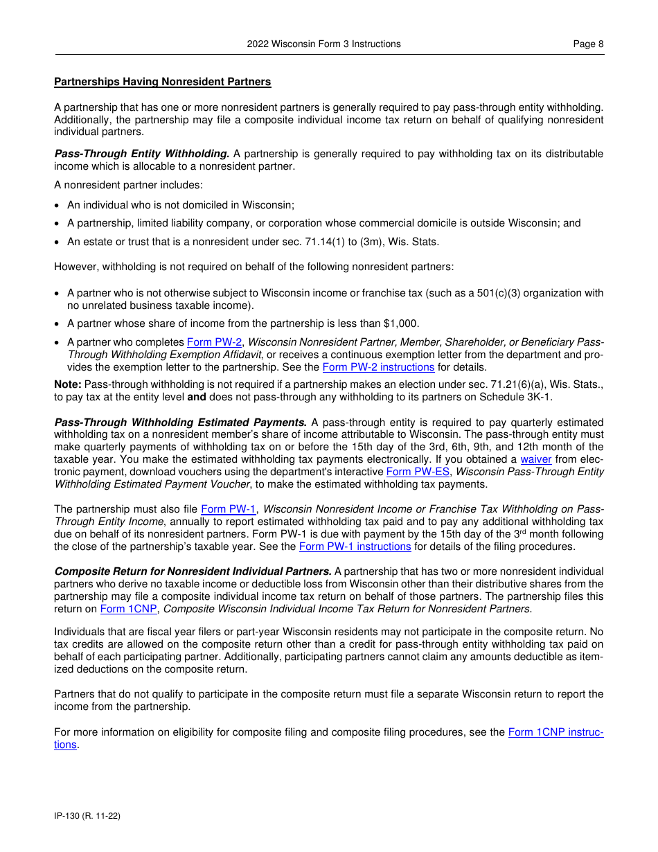 Instructions for Form 3, IP-030 Wisconsin Partnership Return - Wisconsin, Page 8