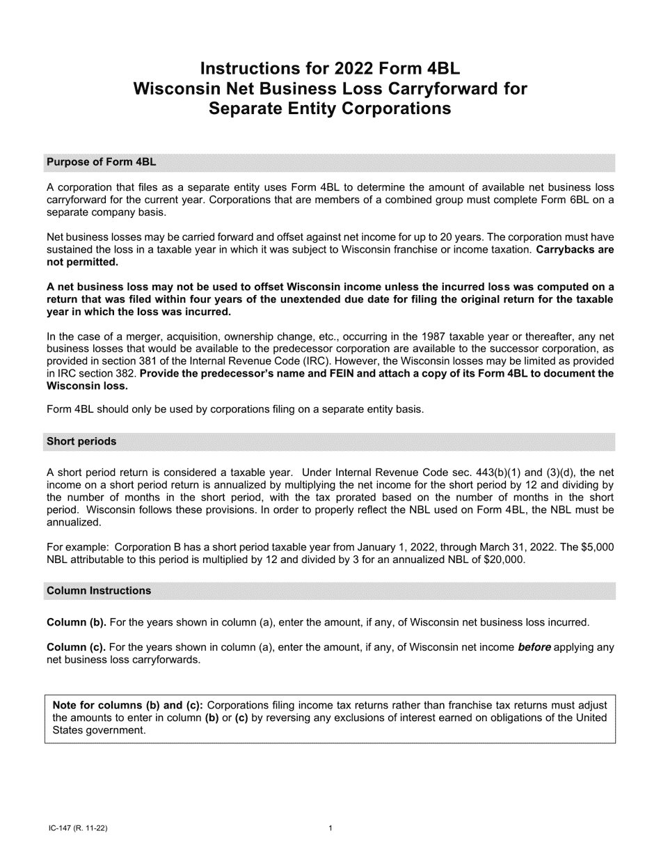 Instructions for Form 4BL, IC-047 Wisconsin Net Business Loss Carryforward for Separate Entity Corporations - Wisconsin, Page 1