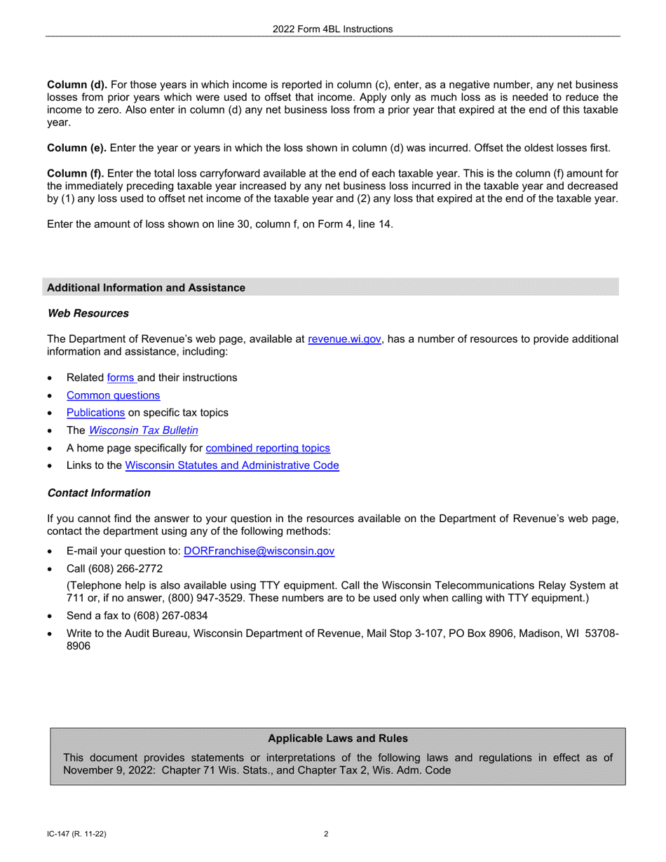 Instructions for Form 4BL, IC-047 Wisconsin Net Business Loss Carryforward for Separate Entity Corporations - Wisconsin, Page 2