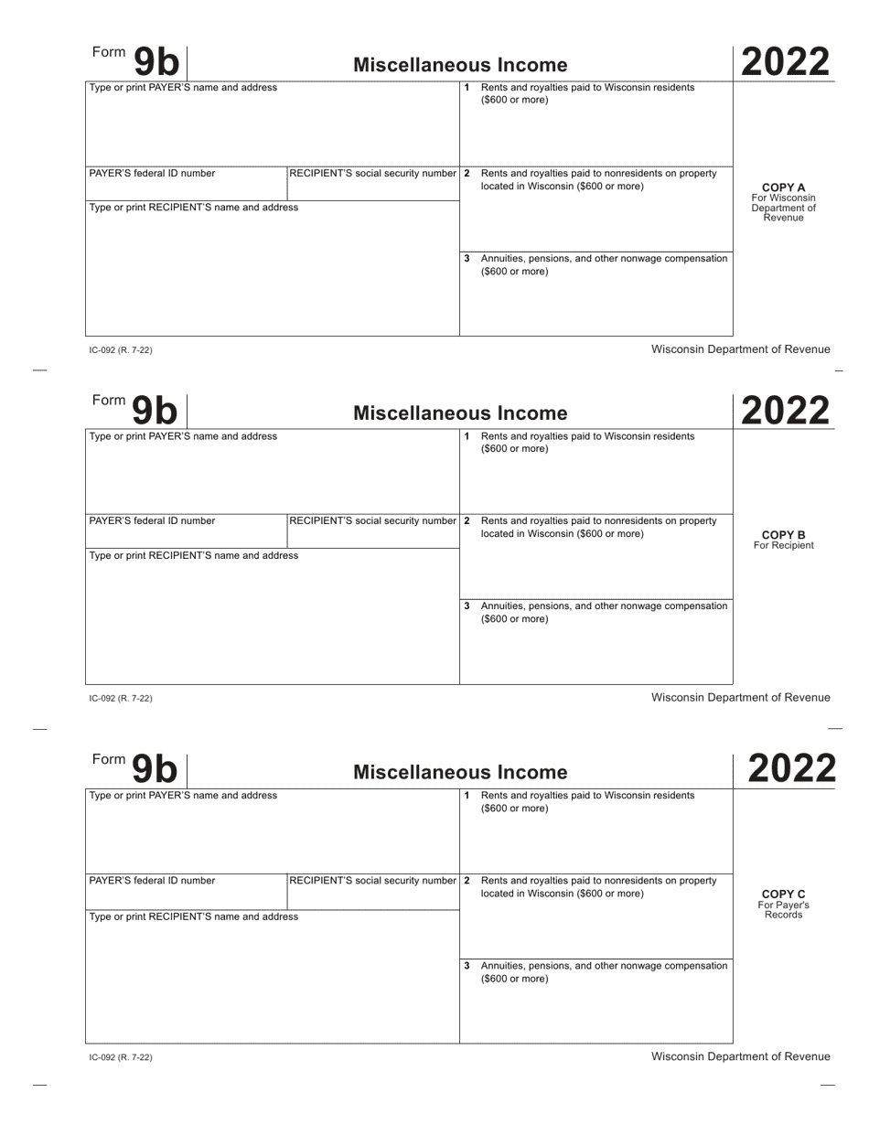 Form 9B (IC-092) Miscellaneous Income - Wisconsin, Page 1