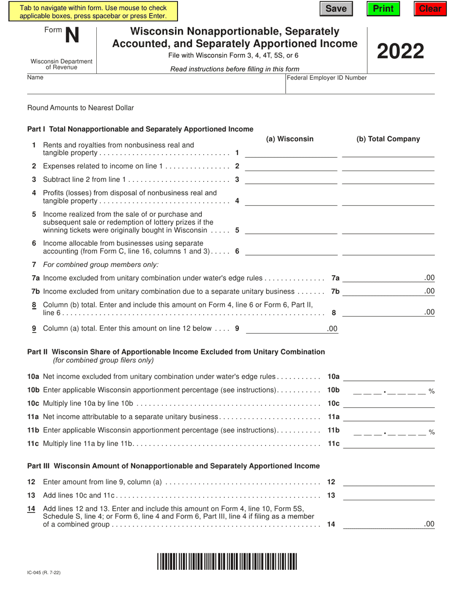 Form N (IC-045) Wisconsin Nonapportionable, Separately Accounted, and Separately Apportioned Income - Wisconsin, Page 1