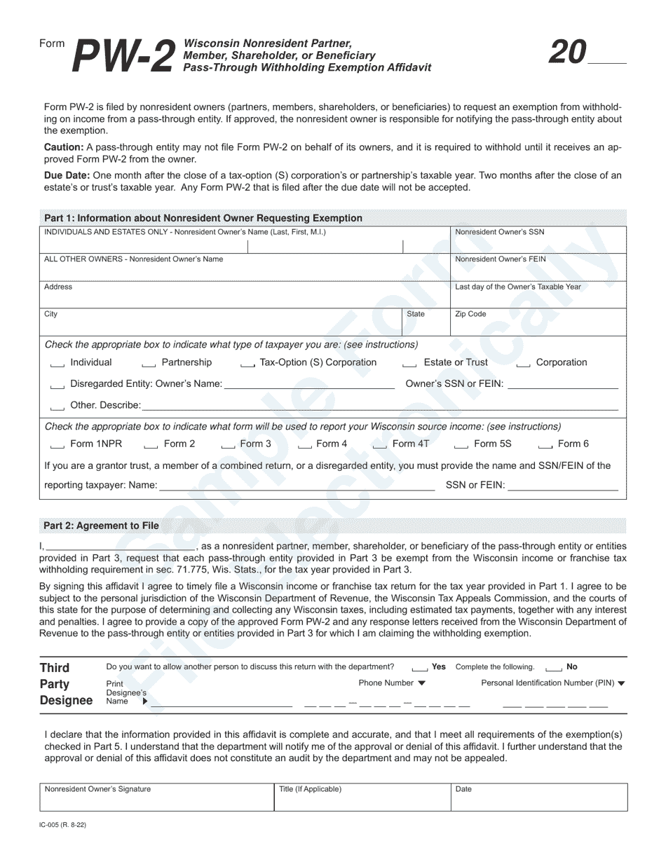 Form PW-2 (IC-005) Download Printable PDF or Fill Online Wisconsin ...