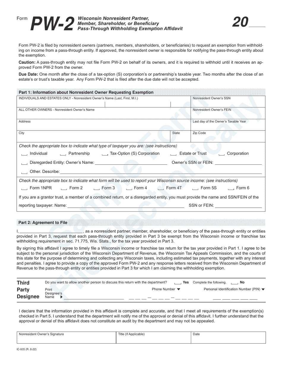 Form PW-2 (IC-005) Wisconsin Nonresident Partner, Member, Shareholder, or Beneficiary Pass-Through Withholding Exemption Affidavit - Sample - Wisconsin, Page 1