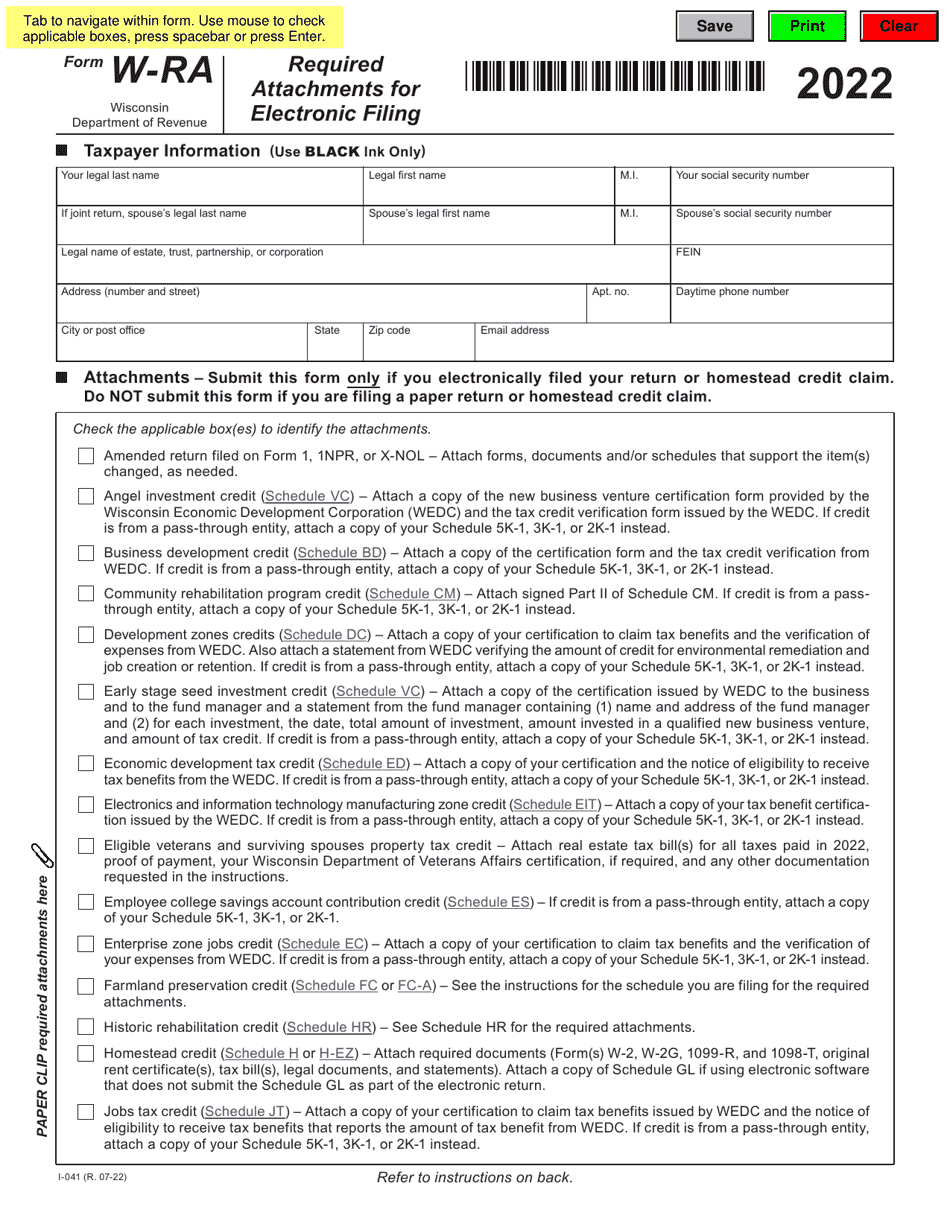 Form W-RA (I-041) Required Attachments for Electronic Filing - Wisconsin, Page 1