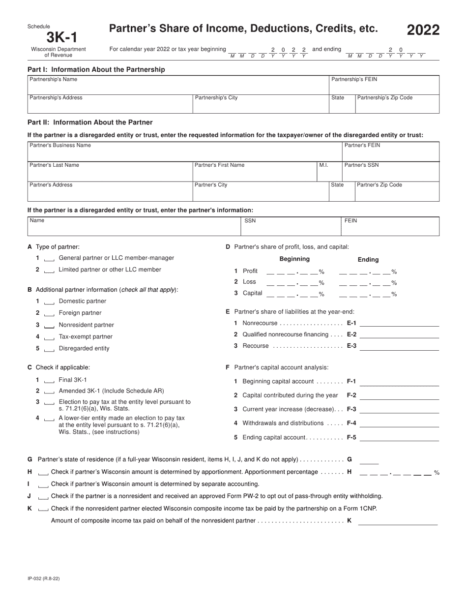 Form IP-032 Schedule 3K-1 Partners Share of Income, Deductions, Credits, Etc. - Wisconsin, Page 1