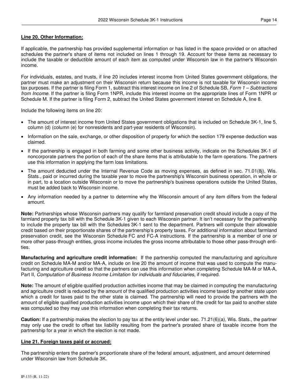 Instructions for Form IP-032 Schedule 3K-1 Partners Share of Income, Deductions, Credits, Etc. - Wisconsin, Page 14
