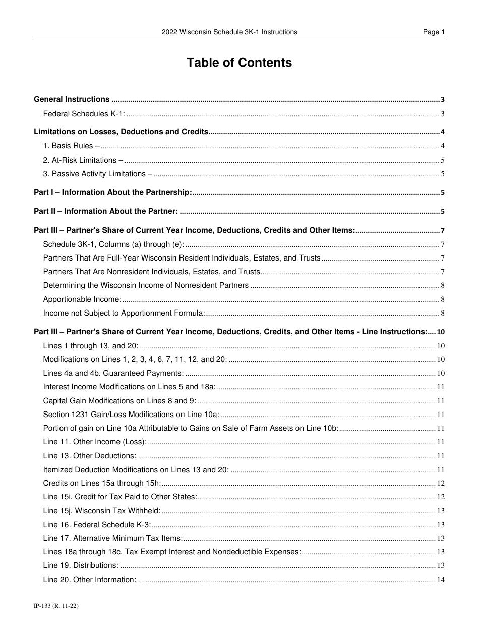 Instructions for Form IP-032 Schedule 3K-1 Partners Share of Income, Deductions, Credits, Etc. - Wisconsin, Page 1