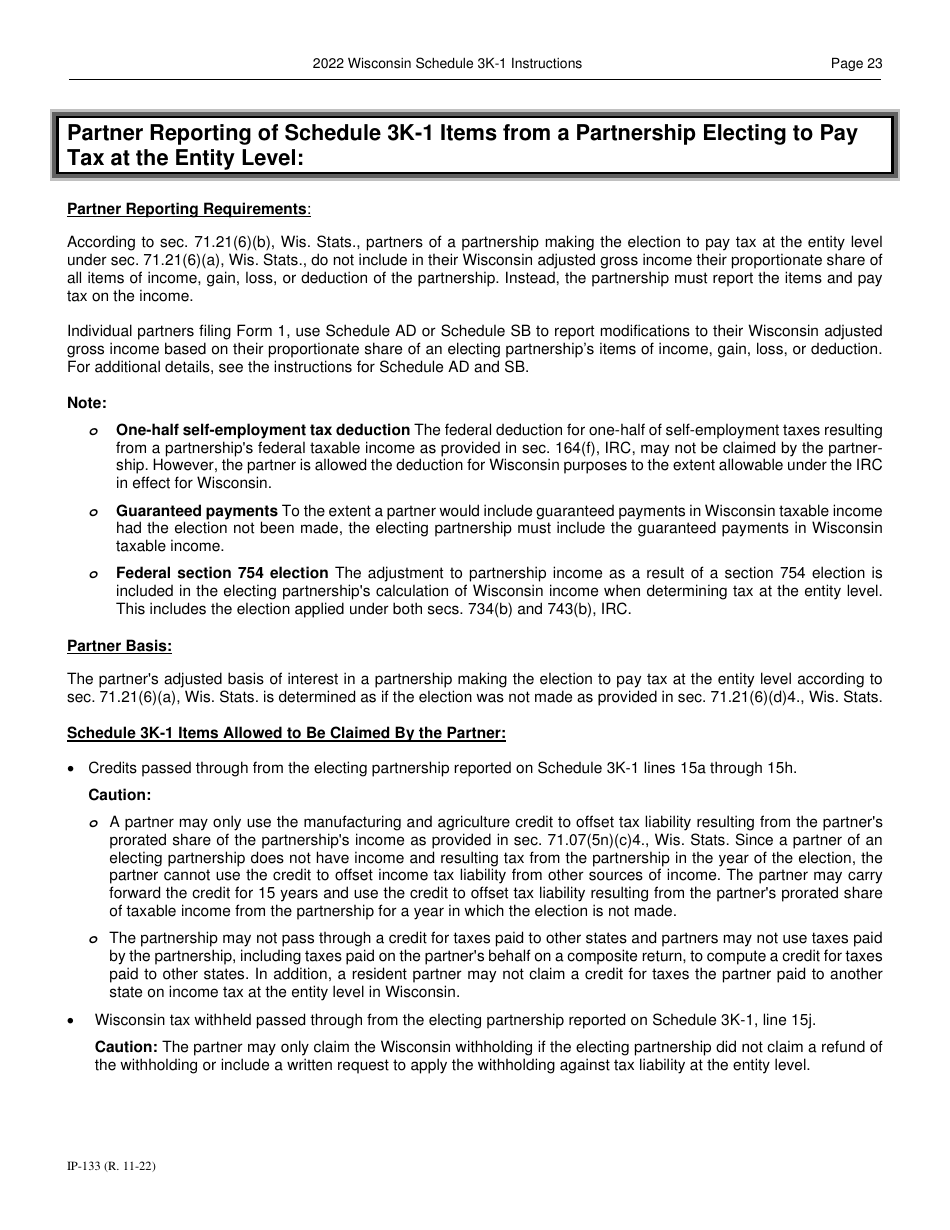 Instructions for Form IP-032 Schedule 3K-1 Partners Share of Income, Deductions, Credits, Etc. - Wisconsin, Page 23