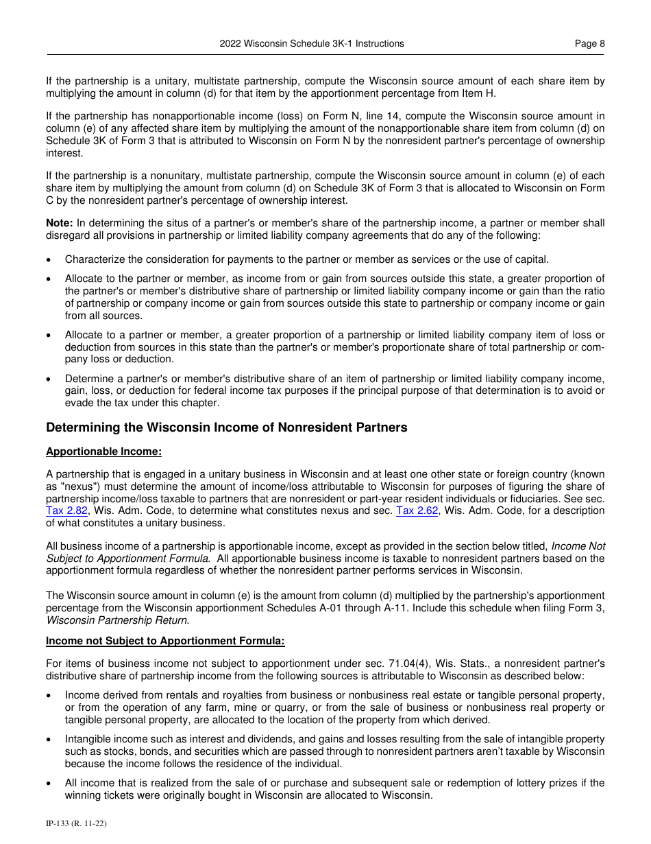 Instructions for Form IP-032 Schedule 3K-1 Partners Share of Income, Deductions, Credits, Etc. - Wisconsin, Page 8