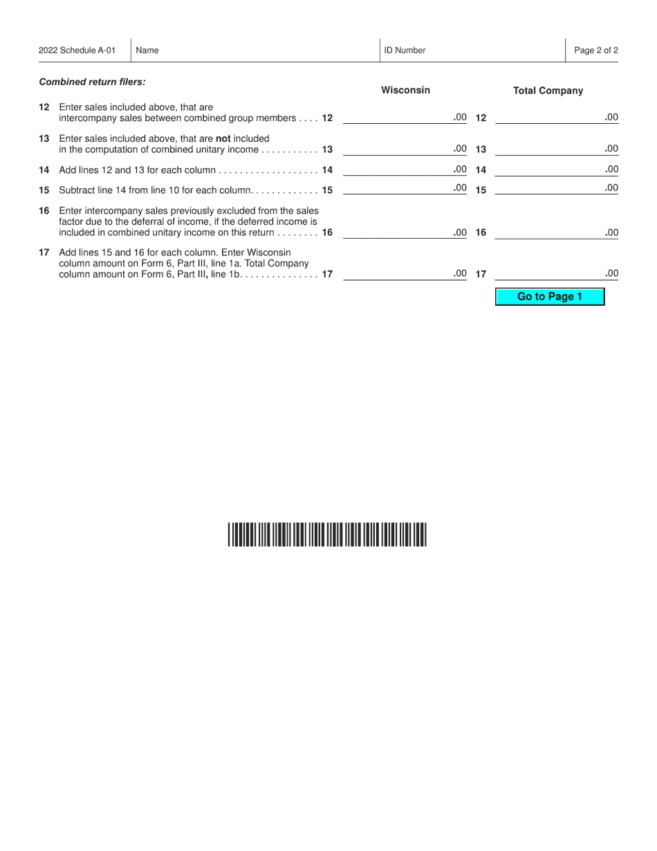 Form IC-043 Schedule A-01 Wisconsin Single Sales Factor Apportionment Data for Nonspecialized Industries - Wisconsin, Page 2