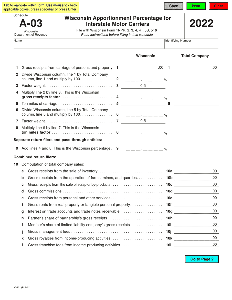 Form IC-301 Schedule A-03 Wisconsin Apportionment Percentage for Interstate Motor Carriers - Wisconsin, Page 1