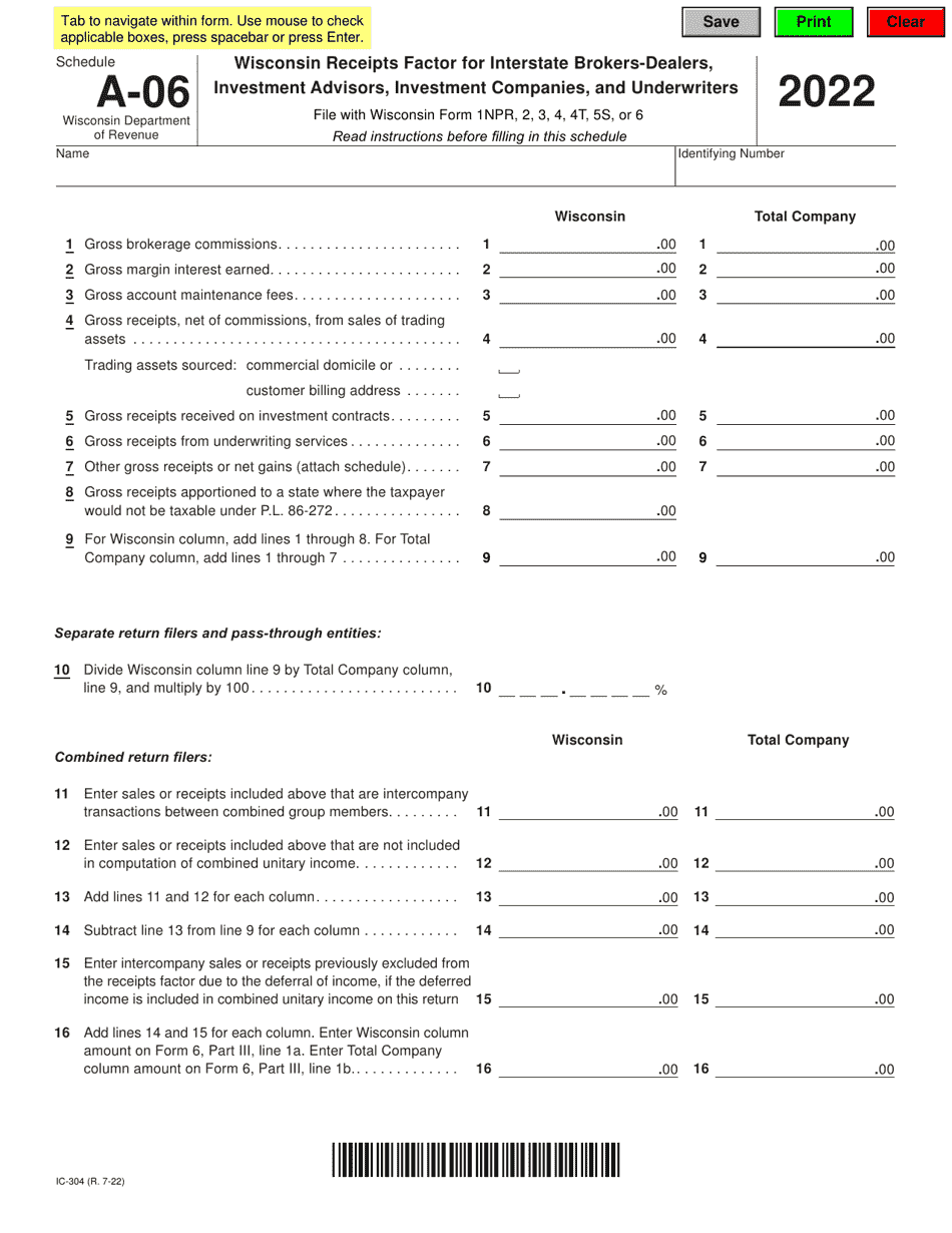 Form IC-304 Schedule A-06 Wisconsin Receipts Factor for Interstate Brokers-Dealers, Investment Advisors, Investment Companies, and Underwriters - Wisconsin, Page 1