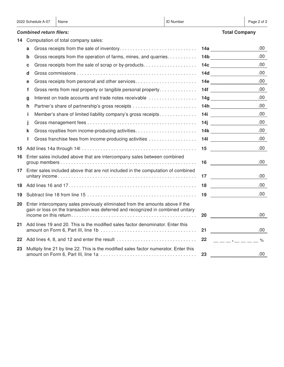 Form IC-305 Schedule A-07 Wisconsin Apportionment Percentage for Interstate Air Carriers - Wisconsin, Page 2