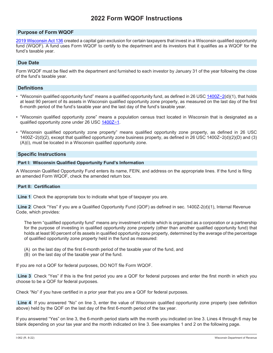 Instructions for Form WQOF Wisconsin Qualified Opportunity Fund Certificate - Wisconsin, Page 1