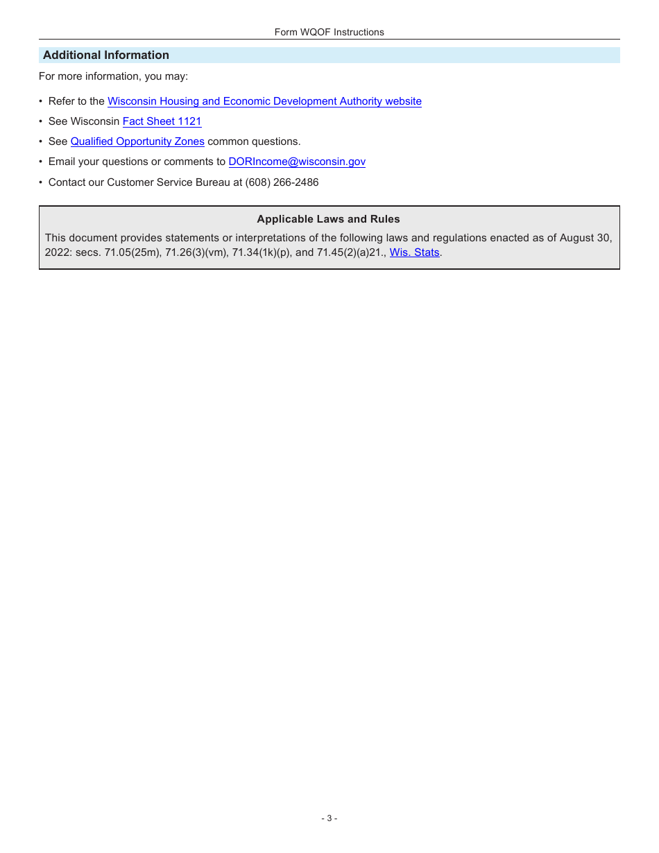 Instructions for Form WQOF Wisconsin Qualified Opportunity Fund Certificate - Wisconsin, Page 3