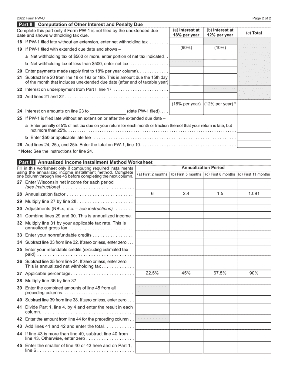 Form PW-U (IC-006) Underpayment of Estimated Withholding Tax by Pass-Through Entities - Wisconsin, Page 2