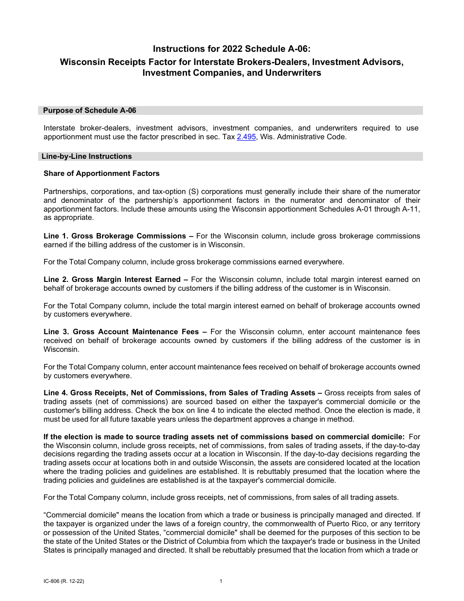 Instructions for Form IC-304 Schedule A-06 Wisconsin Receipts Factor for Interstate Brokers-Dealers, Investment Advisors, Investment Companies, and Underwriters - Wisconsin, Page 1