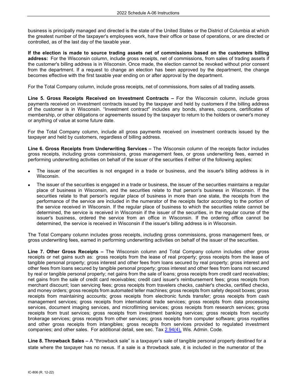 Instructions for Form IC-304 Schedule A-06 Wisconsin Receipts Factor for Interstate Brokers-Dealers, Investment Advisors, Investment Companies, and Underwriters - Wisconsin, Page 2