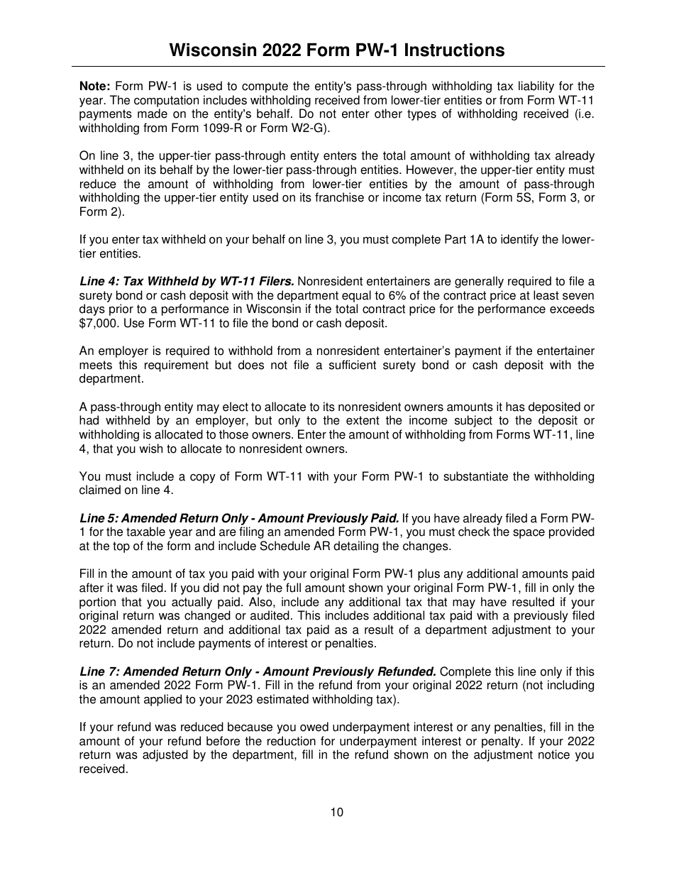 Instructions for Form PW-1, IC-004 Wisconsin Nonresident Income or Franchise Tax Withholding on Pass-Through Entity Income - Wisconsin, Page 10