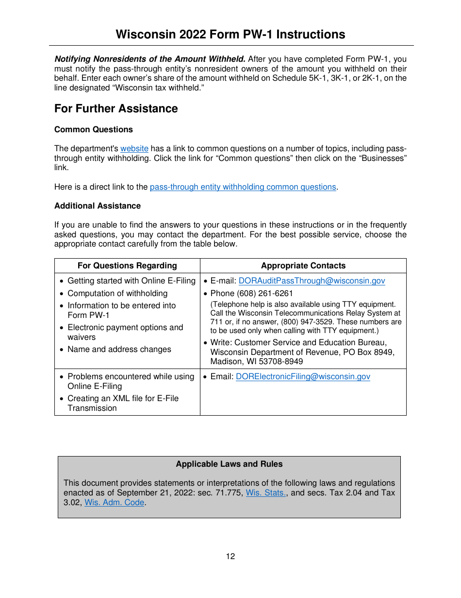 Instructions for Form PW-1, IC-004 Wisconsin Nonresident Income or Franchise Tax Withholding on Pass-Through Entity Income - Wisconsin, Page 12