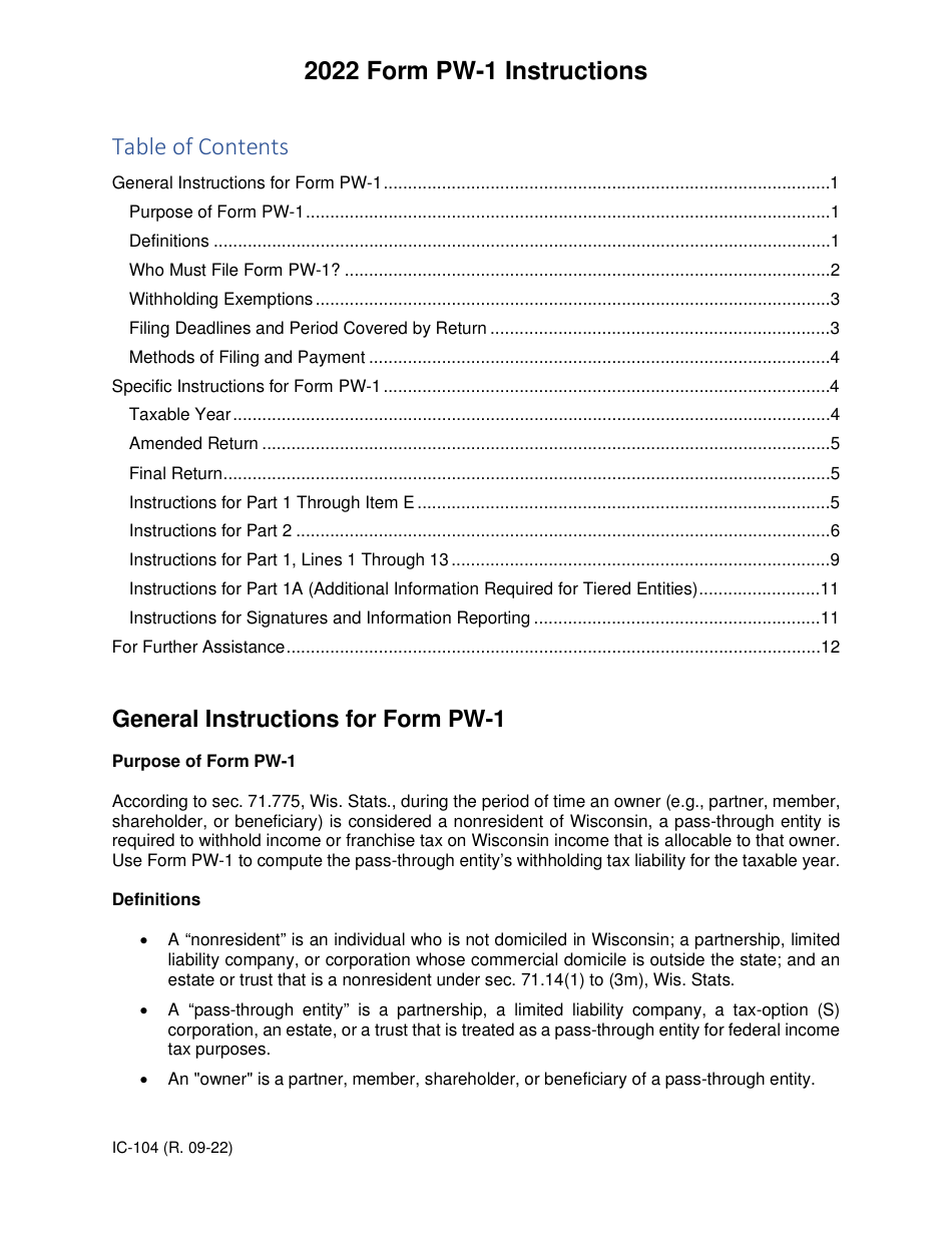 Instructions for Form PW-1, IC-004 Wisconsin Nonresident Income or Franchise Tax Withholding on Pass-Through Entity Income - Wisconsin, Page 1