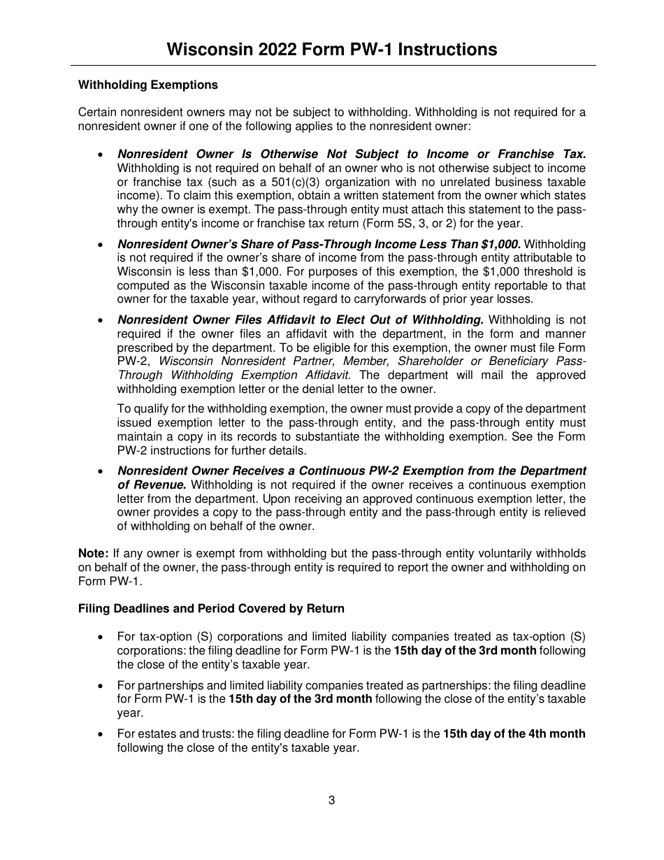 Instructions for Form PW-1, IC-004 Wisconsin Nonresident Income or Franchise Tax Withholding on Pass-Through Entity Income - Wisconsin, Page 3