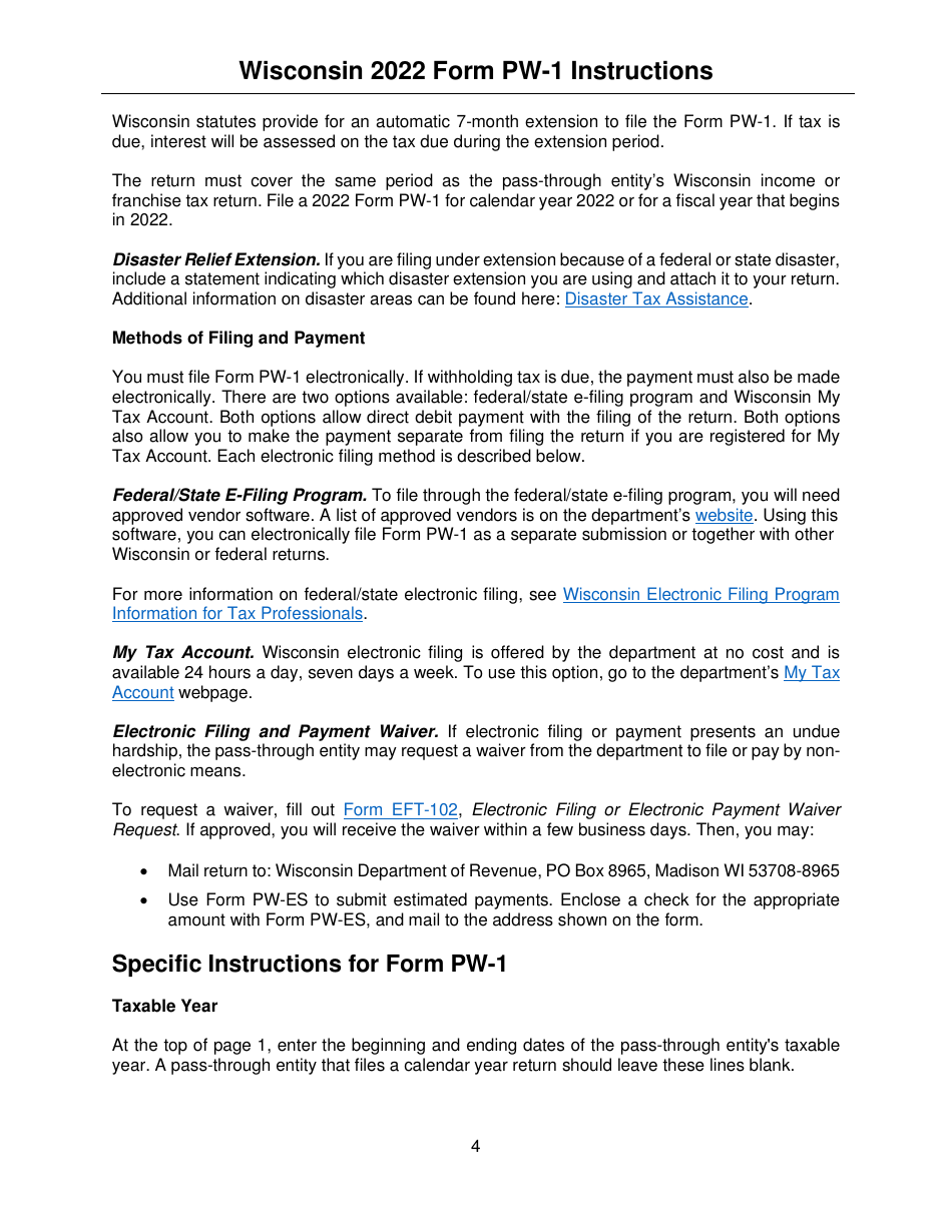 Instructions for Form PW-1, IC-004 Wisconsin Nonresident Income or Franchise Tax Withholding on Pass-Through Entity Income - Wisconsin, Page 4