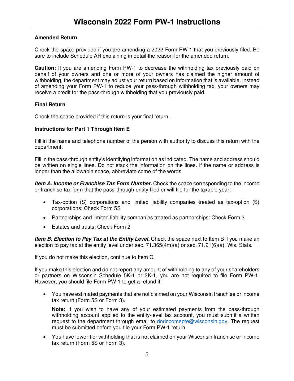 Instructions for Form PW-1, IC-004 Wisconsin Nonresident Income or Franchise Tax Withholding on Pass-Through Entity Income - Wisconsin, Page 5