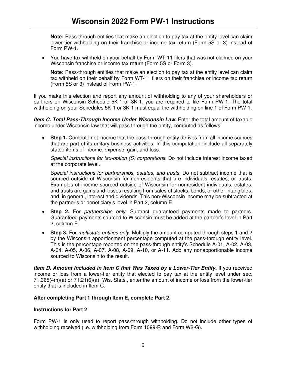 Instructions for Form PW-1, IC-004 Wisconsin Nonresident Income or Franchise Tax Withholding on Pass-Through Entity Income - Wisconsin, Page 6