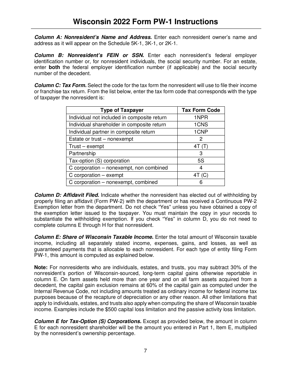 Instructions for Form PW-1, IC-004 Wisconsin Nonresident Income or Franchise Tax Withholding on Pass-Through Entity Income - Wisconsin, Page 7