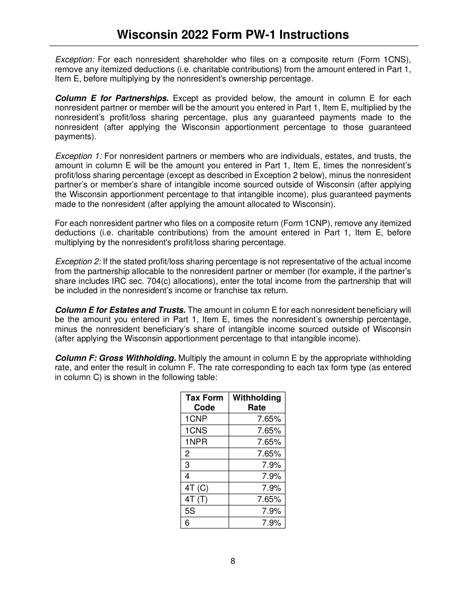Instructions for Form PW-1, IC-004 Wisconsin Nonresident Income or Franchise Tax Withholding on Pass-Through Entity Income - Wisconsin, Page 8