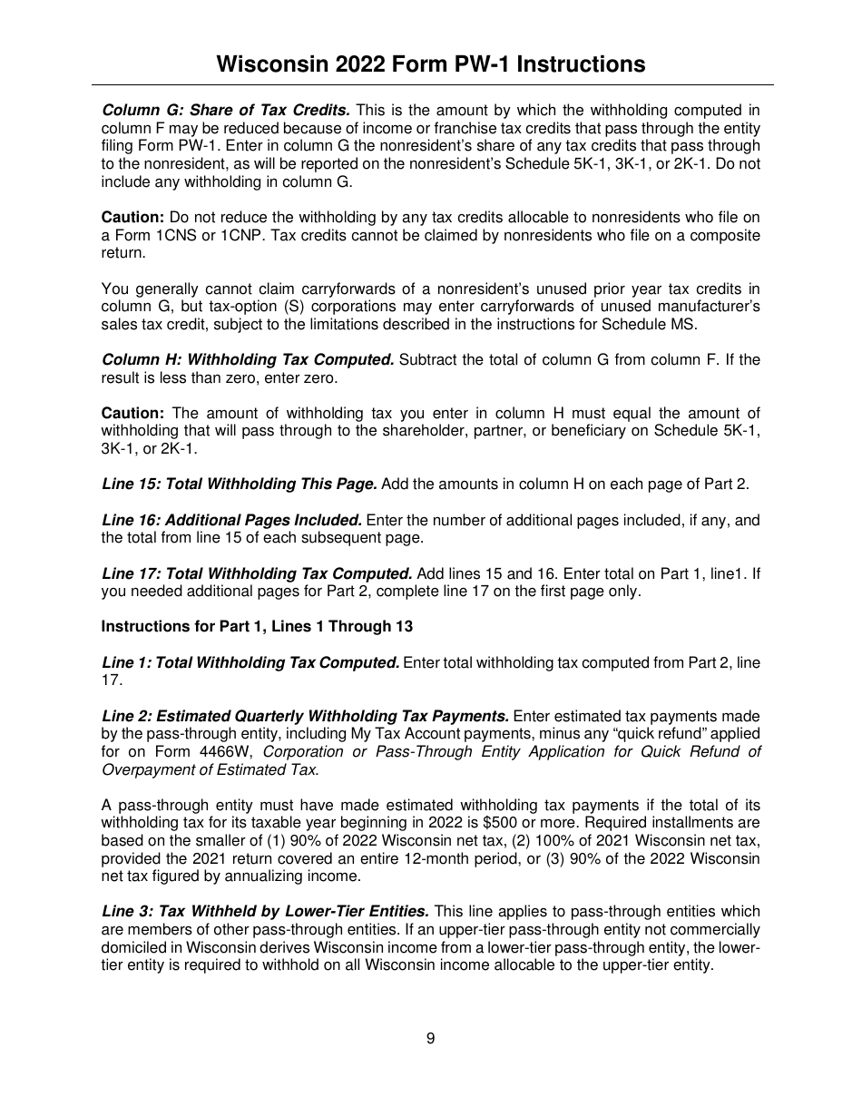 Instructions for Form PW-1, IC-004 Wisconsin Nonresident Income or Franchise Tax Withholding on Pass-Through Entity Income - Wisconsin, Page 9