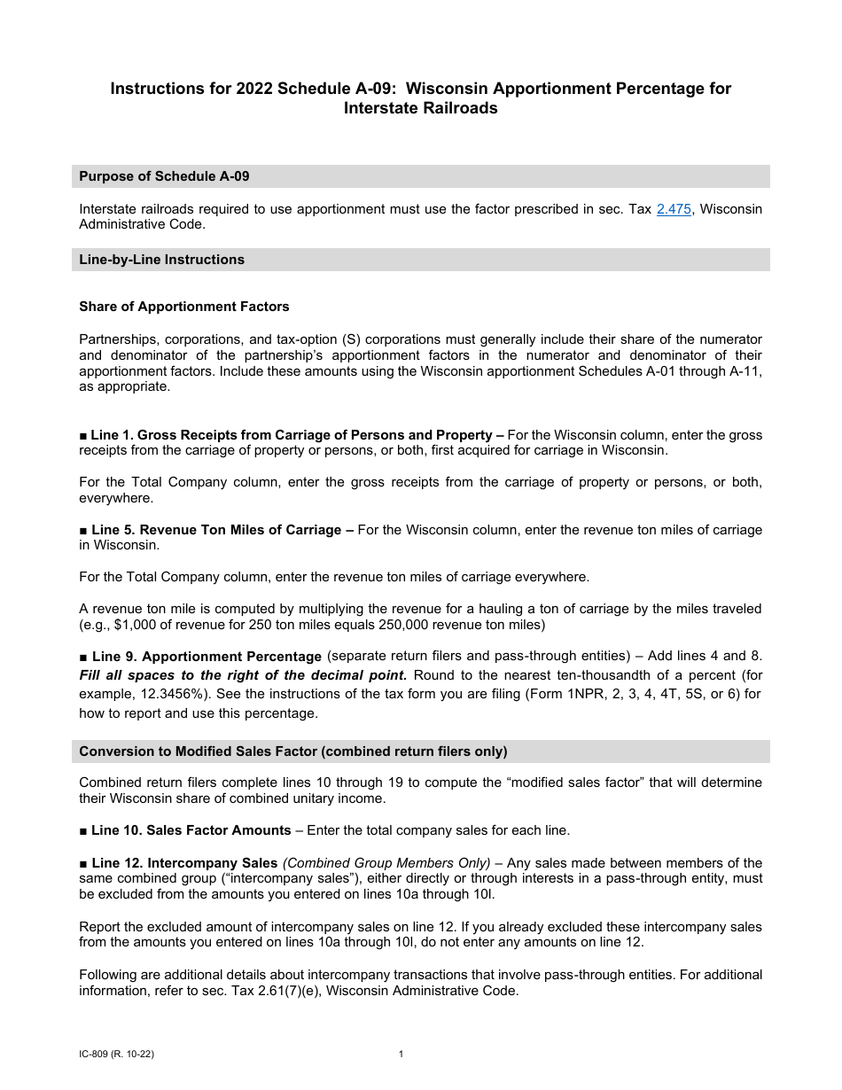 Instructions for Form IC-307 Schedule A-09 Wisconsin Apportionment Percentage for Interstate Railroads - Wisconsin, Page 1