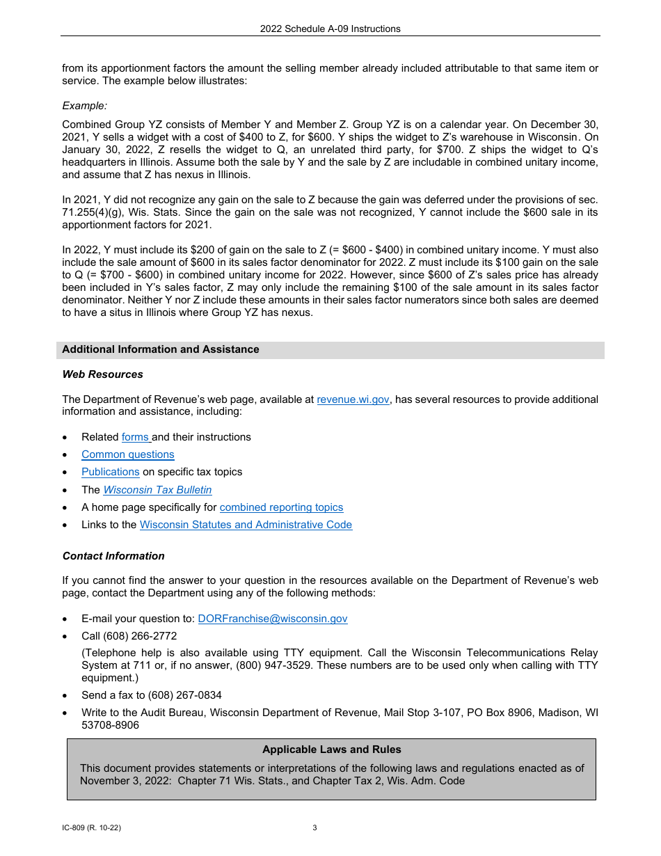 Instructions for Form IC-307 Schedule A-09 Wisconsin Apportionment Percentage for Interstate Railroads - Wisconsin, Page 3