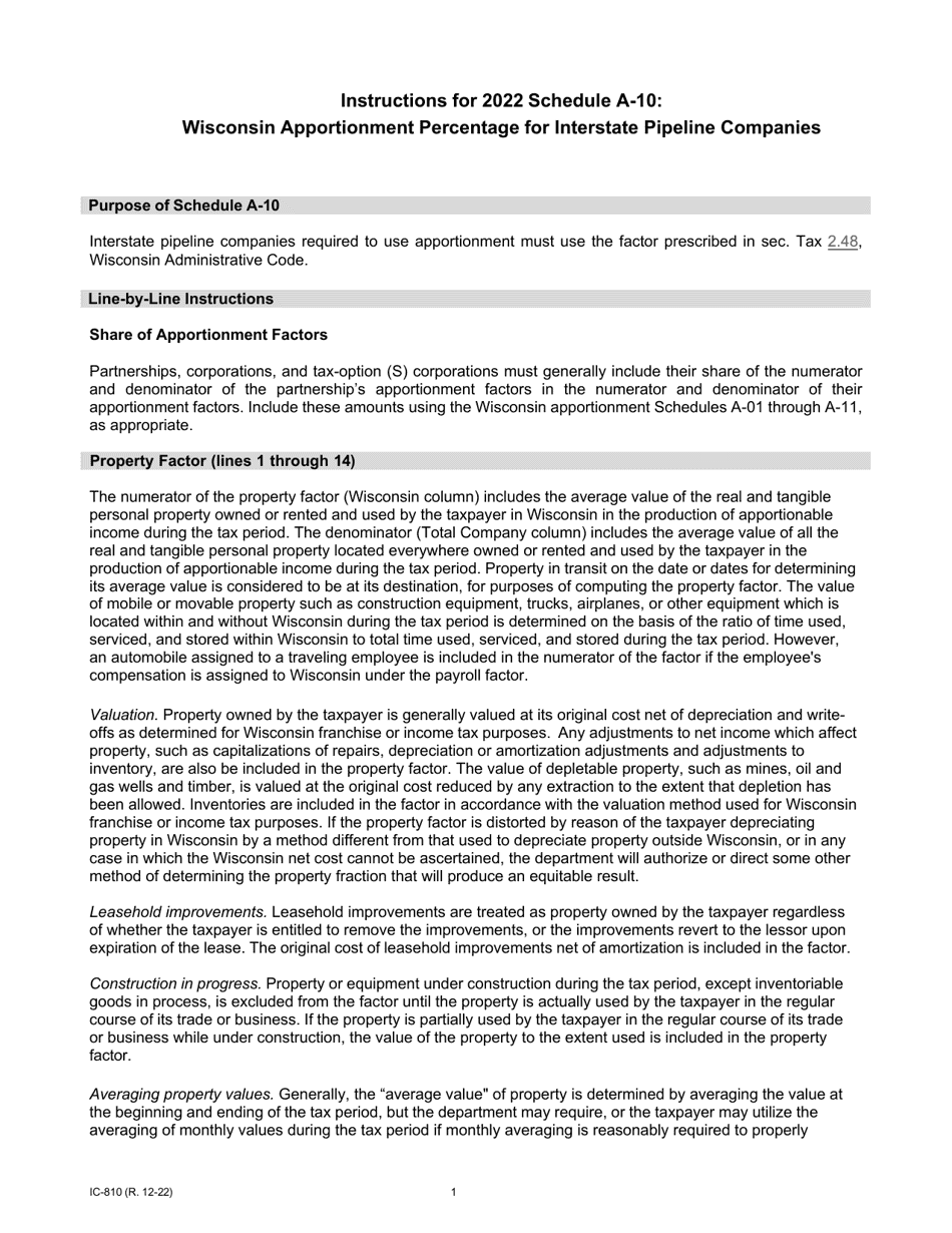 Instructions for Form IC-308 Schedule A-10 Wisconsin Apportionment Percentage for Interstate Pipeline Companies - Wisconsin, Page 1