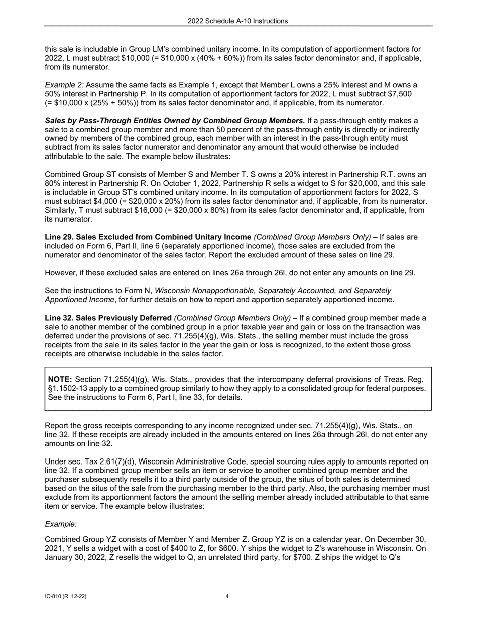 Instructions for Form IC-308 Schedule A-10 Wisconsin Apportionment Percentage for Interstate Pipeline Companies - Wisconsin, Page 4