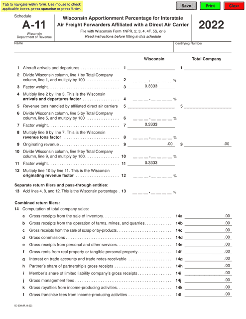 Form IC-309 Schedule A-11 2022 Printable Pdf