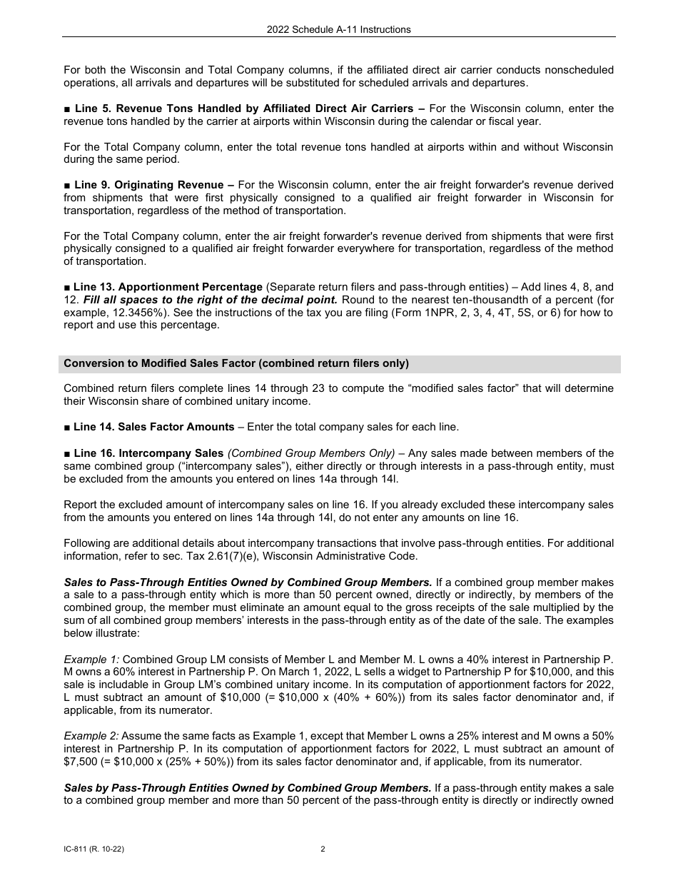 Instructions for Form IC-309 Schedule A-11 Wisconsin Apportionment Percentage for Interstate Air Freight Forwarders Affiliated With a Direct Air Carrier - Wisconsin, Page 2