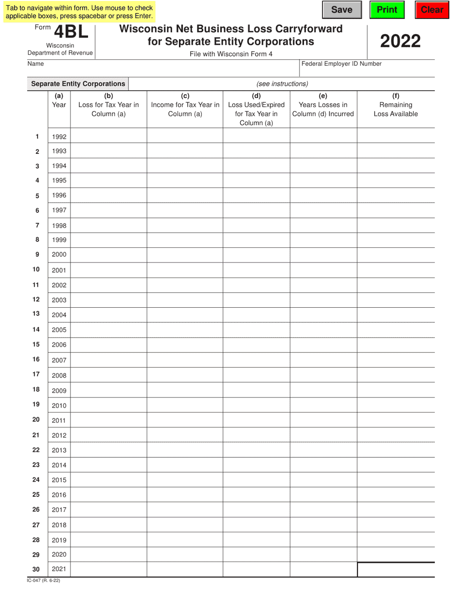 Form 4BL (IC-047) Wisconsin Net Business Loss Carryforward for Separate Entity Corporations - Wisconsin, Page 1